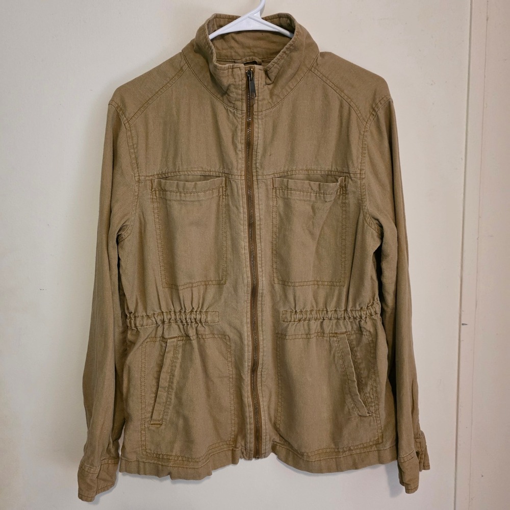 Old Navy Womens Linen Blend Utility Jacket Size Medium Tan Full Zip Field Coat
